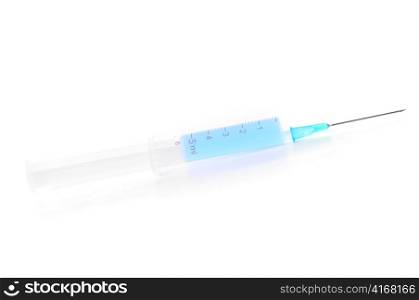 syringe with blue liquid isolated on white