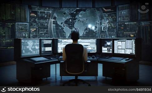 System Control Center with a man sitting behind multiple screens monitoring