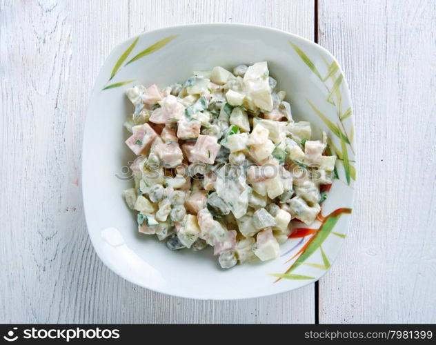 Szalot - Silesian potato salad made with squares of boiled potatoes, carrots, peas, ham, various sausages, pickled fish, boiled eggs
