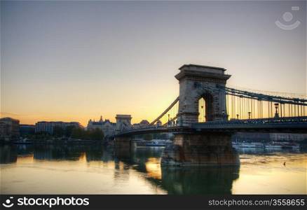 Szechenyi chain bridge in Budapest, Hungary in the morning time