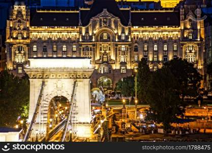 Szechenyi Chain Bridge night view (Budapest, Hungary). Shooting Location: Hungary, Budapest