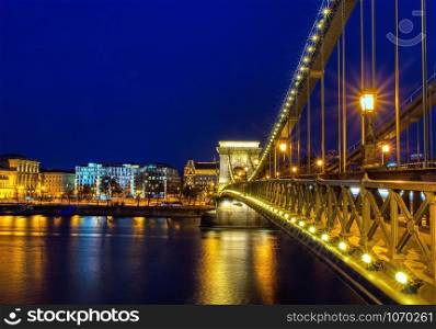Szechenyi Chain bridge over Danube river, Budapest city, Hungary.