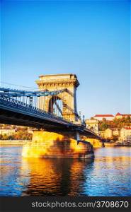 Szechenyi suspension bridge in Budapest, Hungary in the morning