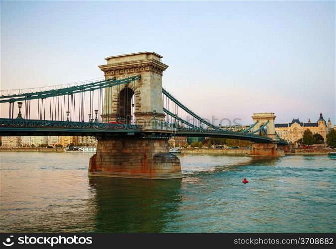 Szechenyi suspension bridge in Budapest, Hungary in the morning time