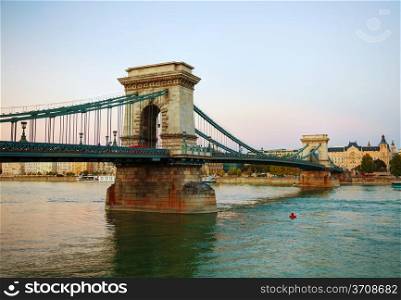 Szechenyi suspension bridge in Budapest, Hungary in the morning time