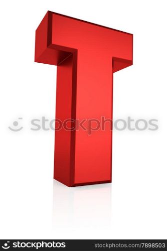 T letter. Red letter on reflective floor. White background. 3d render