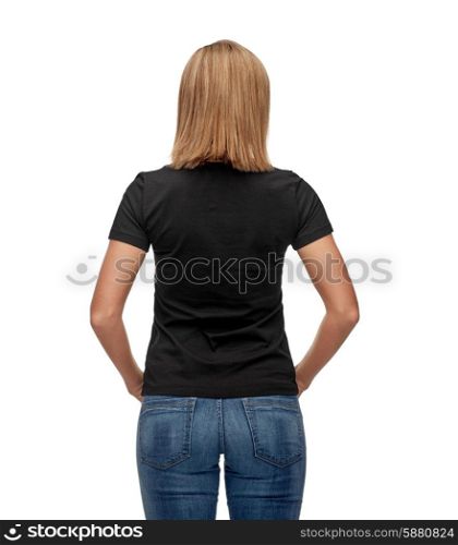 t-shirt design, advertisement and people concept - smiling woman in blank black t-shirt
