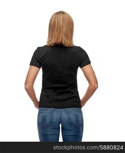 t-shirt design, advertisement and people concept - smiling woman in blank black t-shirt