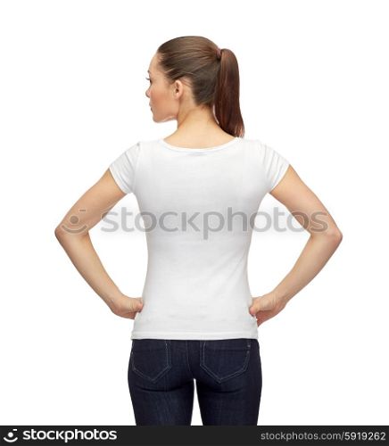 t-shirt design, advertisement and people concept - smiling woman in blank white t-shirt