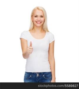 t-shirt design and happy people concept - woman in blank white t-shirt showing thumbs up