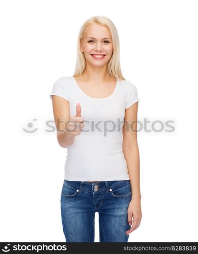 t-shirt design and happy people concept - woman in blank white t-shirt showing thumbs up
