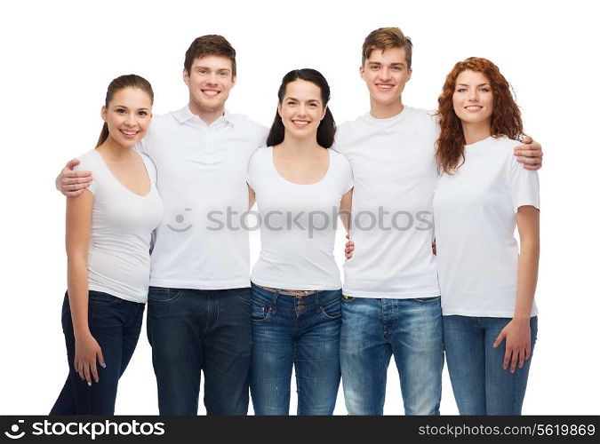 t-shirt design and people concept - group of smiling teenagers in white blank t-shirts
