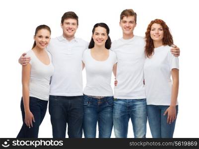 t-shirt design and people concept - group of smiling teenagers in white blank t-shirts