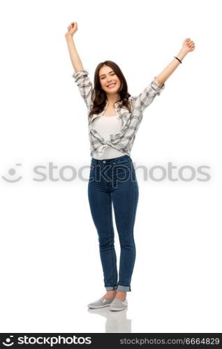 t-shirt design and people concept - happy young woman or teenage girl stretching over white background. happy young woman or teenage girl stretching