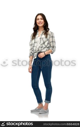 t-shirt design and people concept - happy young woman or teenage girl over white background. young woman or teenage girl over white background