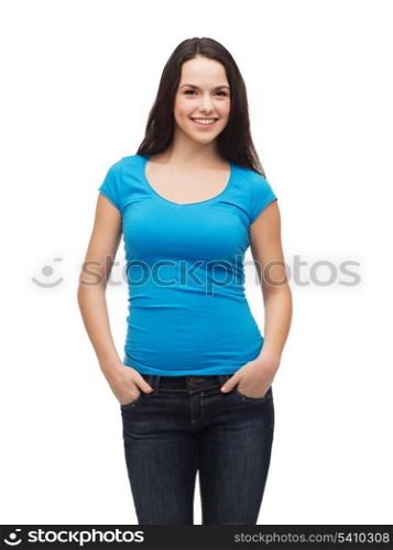 t-shirt design and people concept - smiling girl in blank blue t-shirt