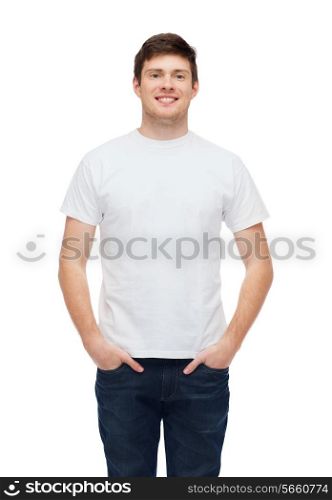 t-shirt design and people concept - smiling young man in blank white t-shirt