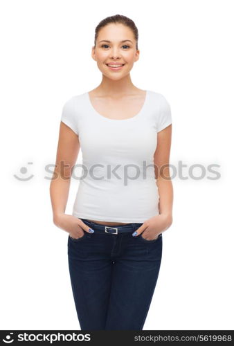 t-shirt design and people concept - smiling young woman in blank white t-shirt