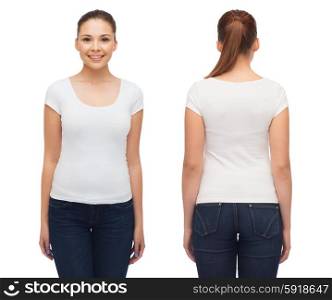 t-shirt design and people concept - smiling young woman in blank white t-shirt. smiling young woman in blank white t-shirt