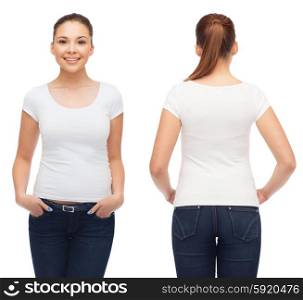t-shirt design and people concept - smiling young woman in blank white t-shirt. smiling young woman in blank white t-shirt