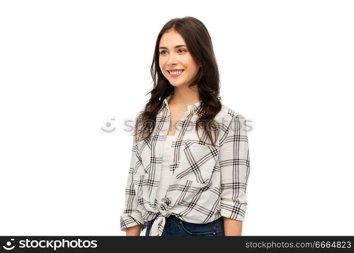 t-shirt design and people concept - smiling young woman or teenage girl in checkered shirt over white background. young woman or teenage girl in checkered shirt