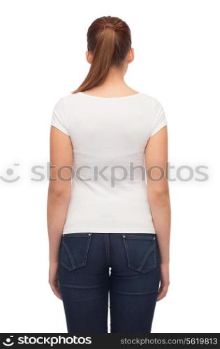 t-shirt design and people concept - young woman in blank white t-shirt from back