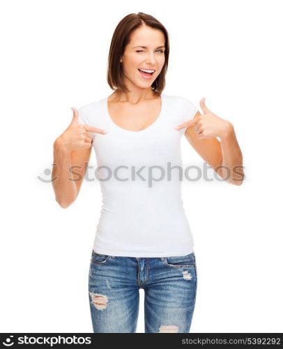 t-shirt design concept - smiling and winking woman in blank white t-shirt