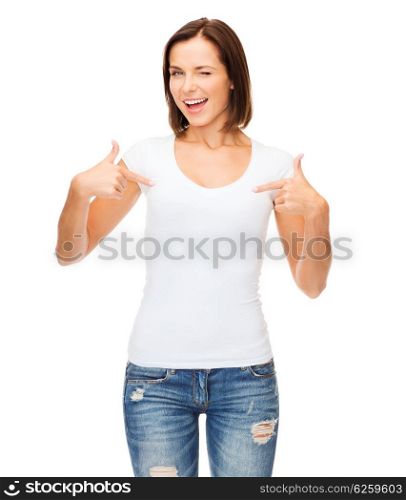 t-shirt design concept - smiling and winking woman in blank white t-shirt. woman in blank white t-shirt