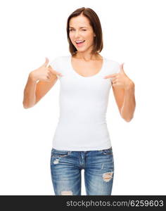 t-shirt design concept - smiling and winking woman in blank white t-shirt. woman in blank white t-shirt