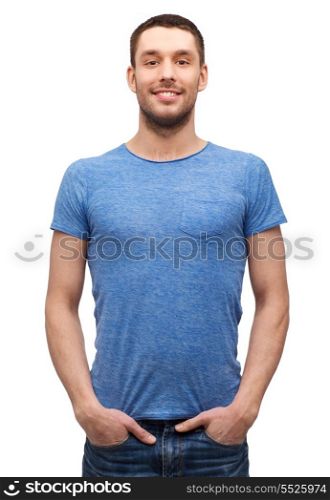 t-shirt design concept - smiling man in blank blue t-shirt