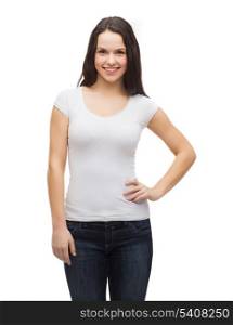 t-shirt design concept - smiling teenager in blank white t-shirt