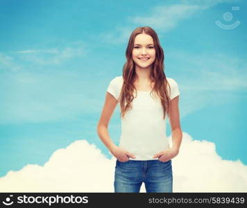 t-shirt design concept - smiling teenager in blank white t-shirt