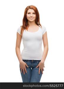 t-shirt design concept - smiling teenager in blank white t-shirt and jeans