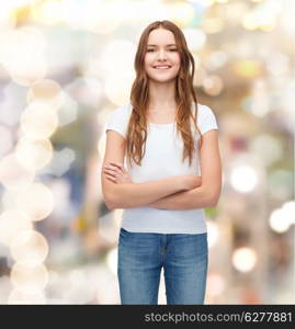 t-shirt design concept - smiling teenager in blank white t-shirt with crossed arms