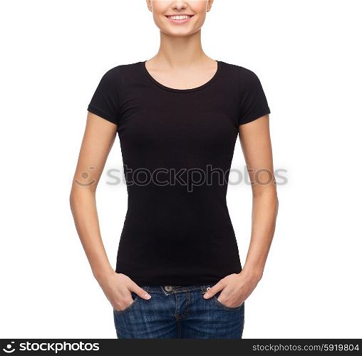 t-shirt design concept - smiling woman in blank black t-shirt. smiling woman in blank black t-shirt