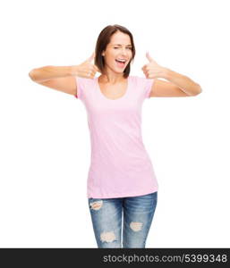 t-shirt design concept - smiling woman in blank pink t-shirt