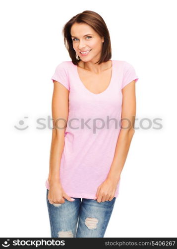 t-shirt design concept - smiling woman in blank pink t-shirt