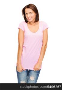 t-shirt design concept - smiling woman in blank pink t-shirt