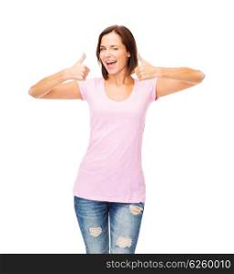 t-shirt design concept - smiling woman in blank pink t-shirt. woman in blank pink t-shirt