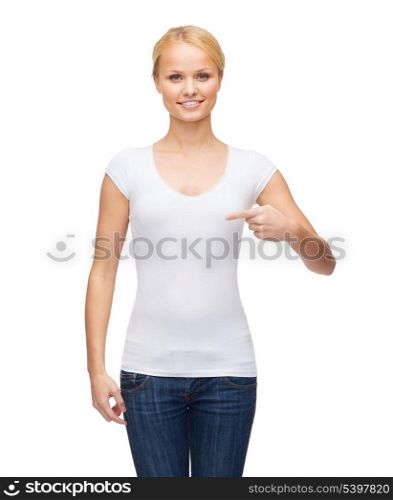 t-shirt design concept - smiling woman in blank white t-shirt