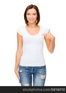 t-shirt design concept - smiling woman in blank white t-shirt. woman in blank white t-shirt