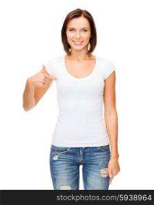 t-shirt design concept - smiling woman in blank white t-shirt. woman in blank white t-shirt