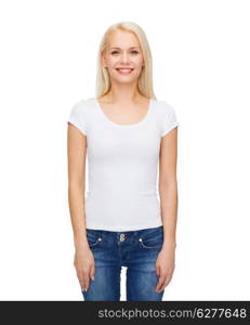 t-shirt design concept - smiling woman in blank white t-shirt