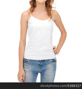 t-shirt design concept - woman in blank white tank top