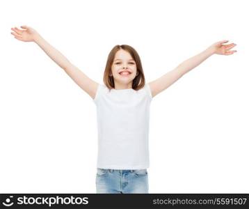 t-shirt design, happiness, freedom, future concept - smiling teenage girl in blank white t-shirt with raised hands