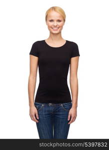 t-shirt design, happy people concept - smiling woman in blank black t-shirt