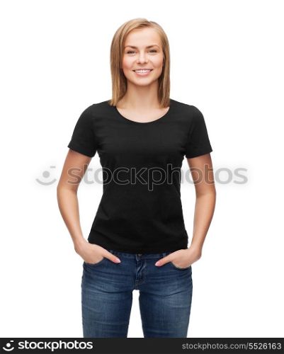 t-shirt design, happy people concept - smiling woman in blank black t-shirt