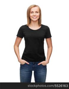 t-shirt design, happy people concept - smiling woman in blank black t-shirt