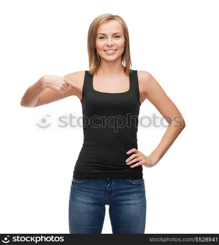 t-shirt design, happy people concept - smiling woman in blank black tank top