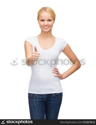 t-shirt design, happy people concept - woman in blank white t-shirt showing thumbs up